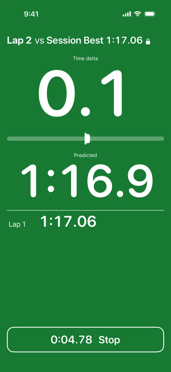 LapKeeper timing screen, green while the lap runs ahead of the reference lap